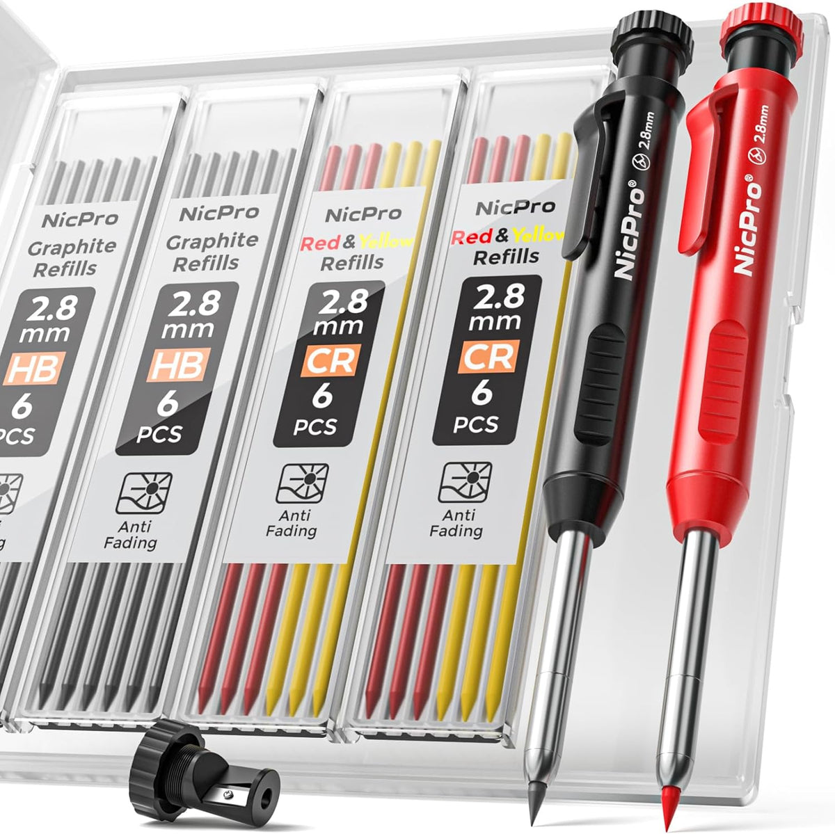 Carpenter Pencil with Sharpener, Mechanical Pencils Set with 26 Refills, Deep Hole Marker for Construction, Heavy Duty