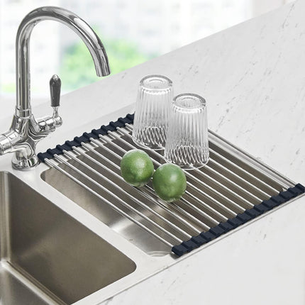 Escurridor enrollable para platos, escurridor sobre el fregadero, escurridor enrollable de cocina, tapete plegable de acero inoxidable para fregadero, 17.5x11.8