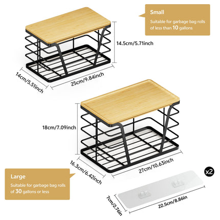 2 Pack Stackable Storage Laundry Kitchen Organizers, Wall Mount Trash Bag Holder with Bamboo Top and Garbage Bag Dispenser No Drill