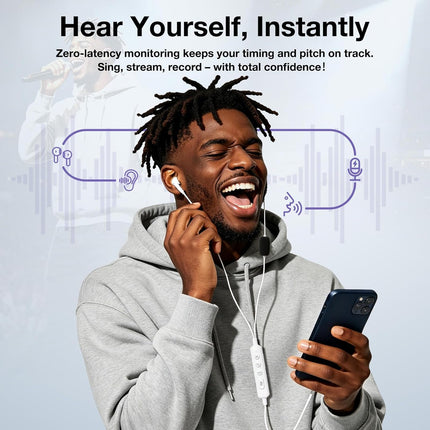KM08 Portable In-Ear Monitor Live Streaming & Karaoke Headset with Mic, Built-in Sound Card for Sound Effects & Voice Changer, 2-in-1 Wired Earbuds & Microphone for TikTok YouTube Streaming Podcast