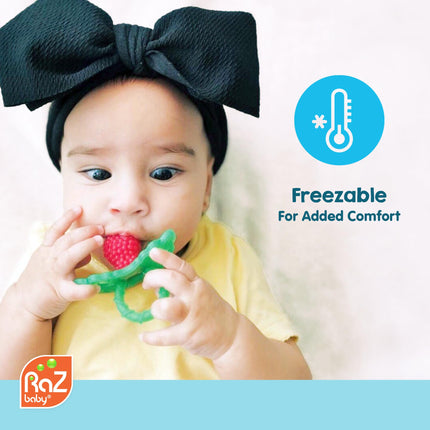 Silicone Teether Pacifier – Teething Relief for Infants, Food-Grade, BPA-Free, Hands-Free, Natural Berrybumps Fruit Texture for Sensory Development, Freezable, 2-Pack - Red & Blue