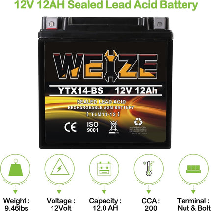 YTX14 BS ATV Battery High Performance - Maintenance Free - Sealed AGM YTX14-BS Motorcycle Battery compatible with Honda Suzuki Kawasaki Yamaha scooter snowmobile