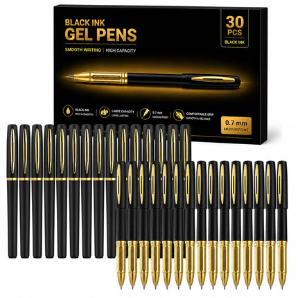 30ct Black Gel Pens 0.7mm Medium Point Smooth Writing Bulk Set