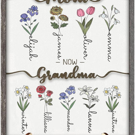 Mothers Day Gifts For Mom, Grandma, Customized Birth Month Flower with Names, Personalized Wood Plaque Wall Art Birthday Gifts Grandma Gifts From Grandkids ﻿