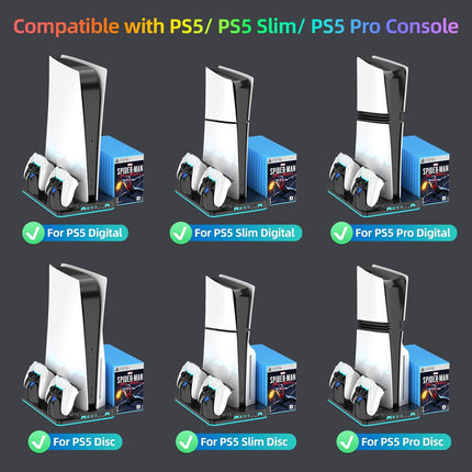 PS5/Slim/Pro Cooling Stand for Disc&Digital with Dual Controller Charging, Multi-Function P5 Accessories 3-Level Cooling Fan, 9 Lighting Modes with Games Storage Slot, Black