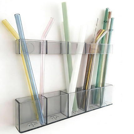 Acrylic Straw Holder for Cabinet Door - Organizer & Dispenser with Smooth Rounded Edges for Kitchen Accessories Storage, Adhesive Circles Included (Clear Transparent)