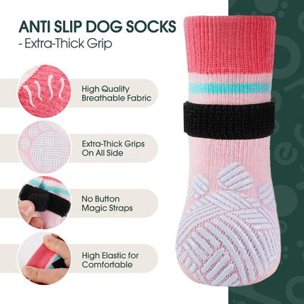 Kuoser Anti Slip Dog Socks to Prevent Licking Paws, Dog Grippy Socks for Hardwood Floors Hot Pavement, 4Pack Traction Control Booties Paw Protectors for Small Medium Large Senior Dogs, Pink S