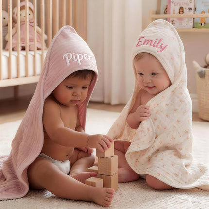 2-Pack Personalized Muslin Hooded Baby Towels Soft & Absorbent Custom Name Bath Towel for Newborn & Infant Infant Gift Baby Essentials for Newborn