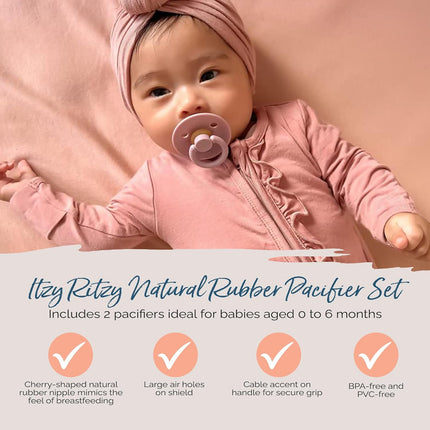 Itzy Ritzy Natural Rubber Newborn Pacifiers (Set of 2) – Baby Pacifiers with Cherry-Shaped Nipple & Large Air Holes for Added Safety; Set of 2 Binkies in Blossom & Rosewood (Ages 0 – 6 Months)