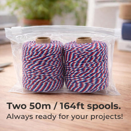 Cotton Twine String,2mm Thick, 164 Feet per Roll, 2 Pack, for Crafts Gift Wrapping Baking Holiday Decor,Red Blue and White