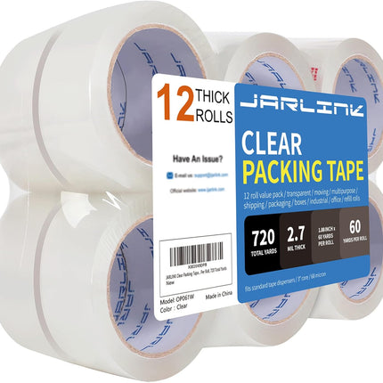 JARLINK Clear Packing Tape (12 Rolls), Heavy Duty Packaging Tape for Shipping Packaging Moving Sealing, 2.7mil Thick, 1.88 inches Wide, 60 Yards Per Roll, 720 Total Yards