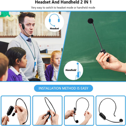 Bietrun Wireless Microphone Headset, UHF Wireless Headset Mic System, 160ft Range,1/8'' and 1/4'' Plug, for Speakers, Voice Amplifier, PA System(Not Supported AUX/iOS)