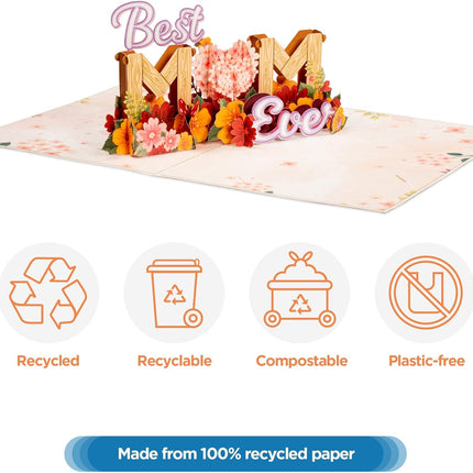 Paper Love Frndly 3D Mothers Day Pop Up Card, Best Mom Ever, For Mother, Wife, Anyone - 100% Recycled and Eco-Friendly - 8" x 6" Cover - Includes Envelope and Note Tag