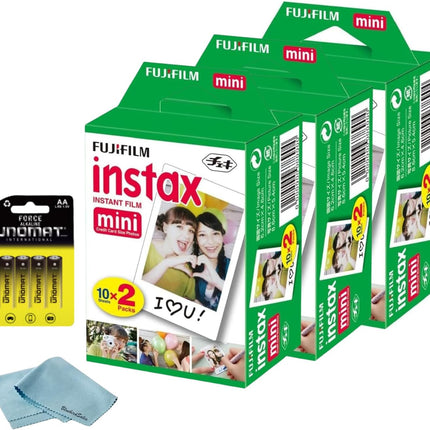 Fujifilm Instax Mini Instant Film, 60 Shots (10 Sheets x 6) – Capture Memories Anytime, Anywhere + BluebirdSales Premium Cleaning Cloth & 8 AA Batteries