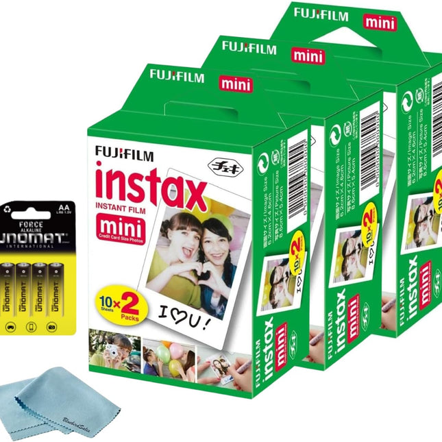 Mini Instant Film 60-Shot Bundle with Cleaning Cloth and AA Batteries