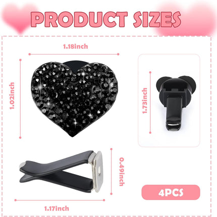 4PCS Heart-Shaped Car Vent Clips with Rhinestone,Bling Air Vent Clips Car Decorations,Premium Shiny Car Clips for Vents Accessories Interior (Black)