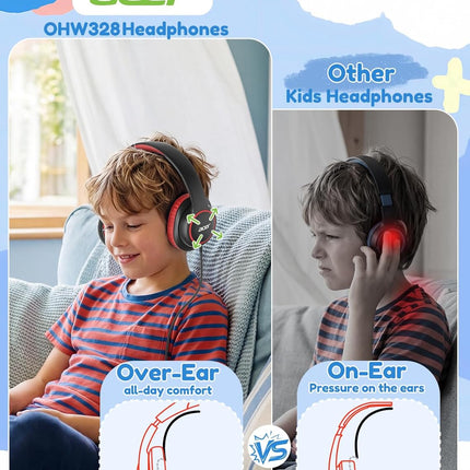 acer Kids Headphones Wired for School - Over Ear Design, 85/94dB Safe Volume Limit, 3.5mm Jack Foldable Headphones for Toddler Boys Girls Classroom Yoto Player Chromebook Travel Black Red