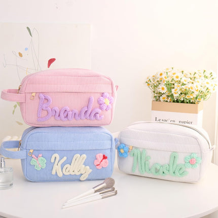 Personalized Makeup Bag with Name, Custom Embroidered Cosmetic Bag for Women Girls, Initial Quilted Corduroy Makeup Bags,Travel Toiletry Pouch, Gifts for Bride Bridesmaid, Birthday, Wedding
