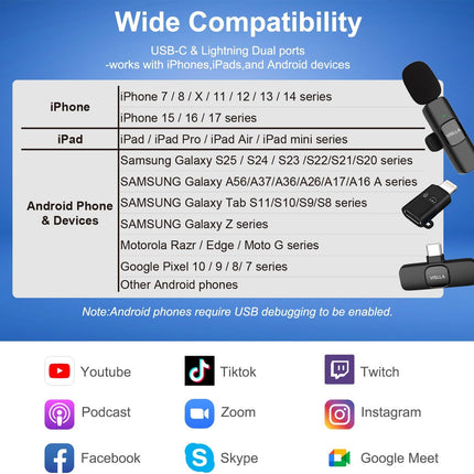 Vislla Mini Microphone for iPhone & Android,11H Battery, Noise Cancelling Wireless Lavalier Mic, Clip On Lapel Mic Pro for Content Creator Vlogging/YouTube/Tiktok/Video Recording/Streaming/Interview
