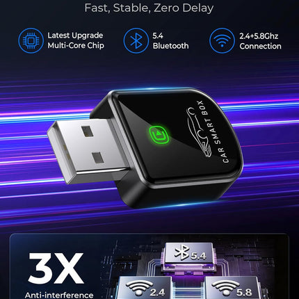 Wireless Carplay Adapter for iPhone Latest Upgrade, Tiny Bluetooth Dongle Convert Wired to Wireless for Apple Car Play Plug & Play, Zero-Lag Auto-Connect GPS Works With 2016+ Cars (Jet Black)
