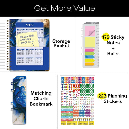 HARDCOVER Academic Year 2026-2027 Planner: 14 Months (May 2026 Through June 2027) 8.5"x 11" Daily Weekly Monthly Planner Yearly Agenda. Bookmark, Pocket Folder and Sticky Note Set (Dark Blue Marble)