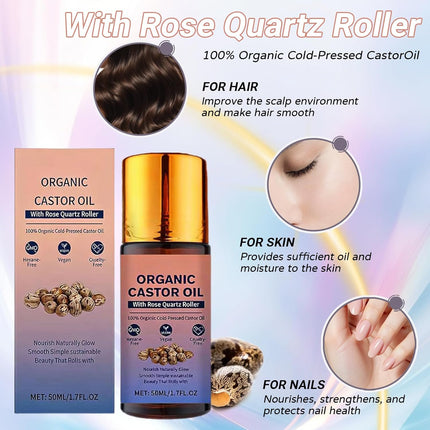 DESIYUE Organic Castor Oil Roll On with Rose Quartz Roller, 100% Castor Oil Organic Cold Pressed, Castor Oil Rose Quartz Roller Ball for Face and Body, Hair, Eyebrows, Moisturize Skin (1PC)
