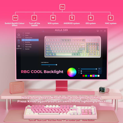 AULA 99 Key Keyboard, Wireless Gaming Keyboard Bluetooth Computer Keyboards Creamy Cute with Number Pad RGB Backlit Tri-Mode BT/2.4GHz/USB-C - Pink