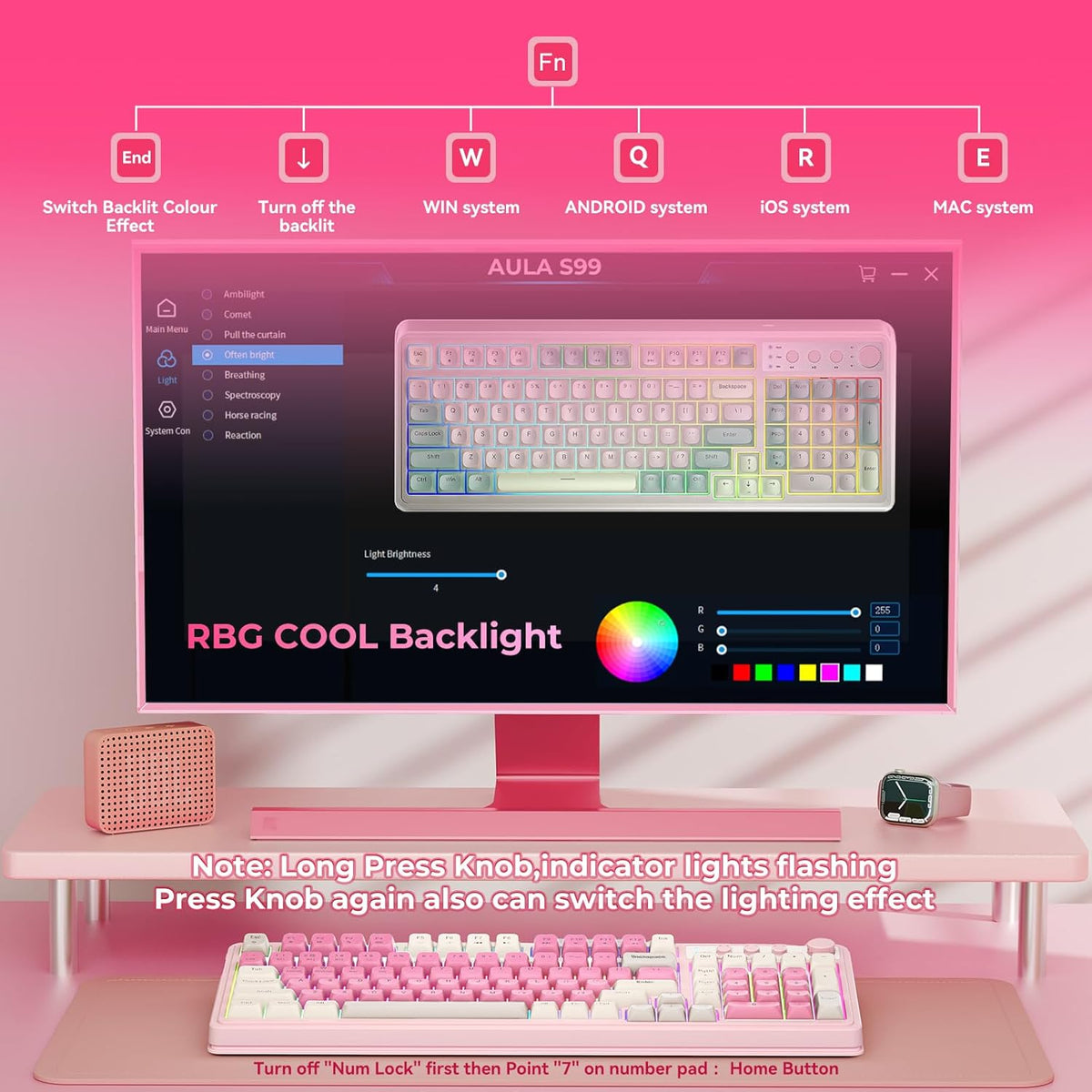 99-Key Wireless Gaming Keyboard with Number Pad, RGB Backlit Tri-Mode, Pink - photo 4