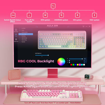 99-Key Wireless Gaming Keyboard with Number Pad, RGB Backlit Tri-Mode, Pink - photo 4