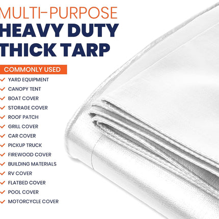 Tarpco Safety Extra Heavy Duty 14 Mil Tarp Cover, Waterproof, UV Resistant, Rip and Tear Proof, Poly Tarpaulin with Reinforced Edges for Roof, Camping, Patio, Pool, Boat (White 12′ X 16′)