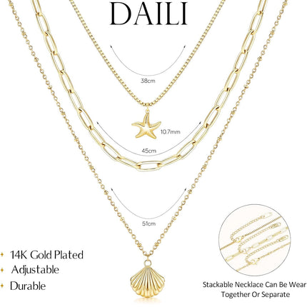 Shell Necklace for Women, 14k Gold Layered Starfish SeaShell Pendant Charm Necklace Dainty Non Tarnish Waterproof Adjustable Silver Choker Paperclip Necklaces Stack Jewelry for Summer Beach Vacation