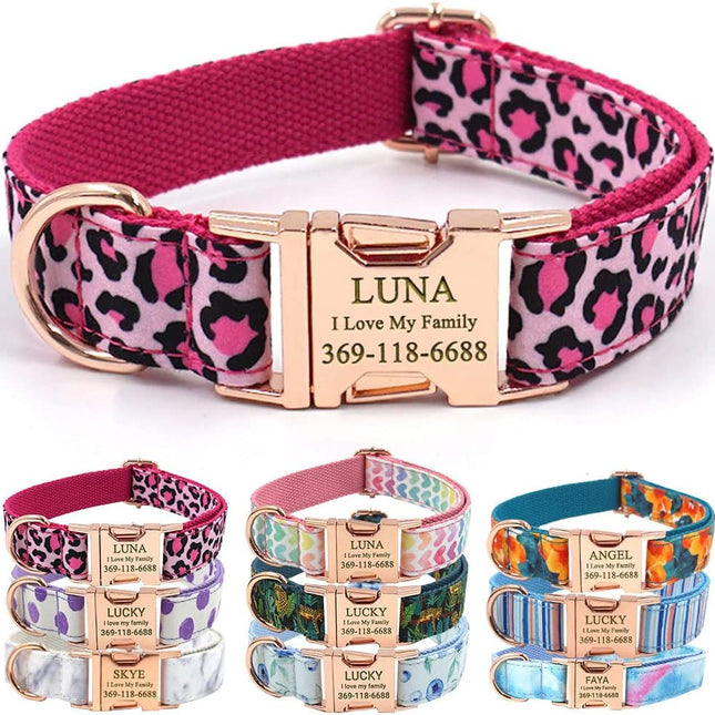 Personalized Dog Collar Pink Leopard Print with Name & Phone Engraved on Rose Gold Metal Buckle for Large Medium Boy Girl Dogs for Valentines - Add Matching Leash Bow Tie via Customize Now