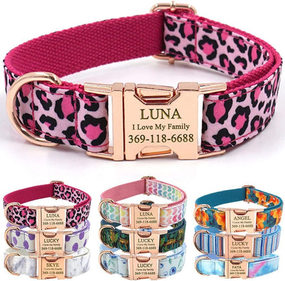 Personalized Dog Collar Pink Leopard Print with Name & Phone Engraved on Rose Gold Metal Buckle for Large Medium Boy