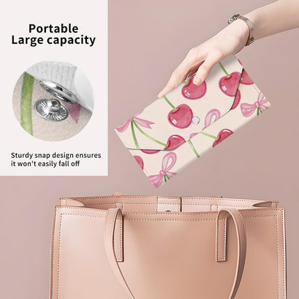 PU Leather Cash Envelopes Wallet, Reusable Money Savin Wallet, Cute Budget Envelope with 4 Dividers & 1 Sheets Budget Labels Cherry Ribbon Pattern