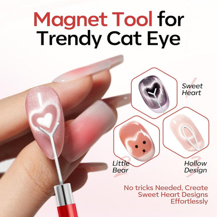 modelones Cat Eye Magnet for Nails, 3-in-1 Red Cateye Gel Polish Magnet Pen & Heart-Shaped Magnet & Ball &Hole &Lightning Magnet Multi-Effect Magnets for Mother's Nail Art Lovers DIY Salon
