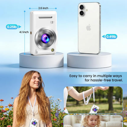 Digital Camera 4K Autofocus Vlogging Camera for Photography with 16X Zoom Anti Shake, 32GB Card, 48MP Compact Portable Point and Shoot Camera for Kids Boys Girls Teens Beginner（White）