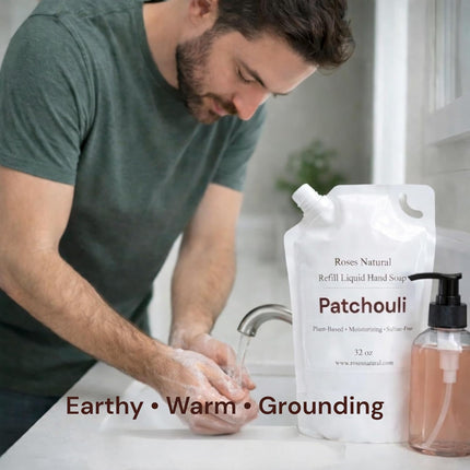 Liquid Hand Soap Starter Set – Plant-Based Moisturizing Hand Wash, Refillable Bottle + 32 oz Refill, Sulfate-Free Gentle Cleanser, Handmade in USA (Patchouli)