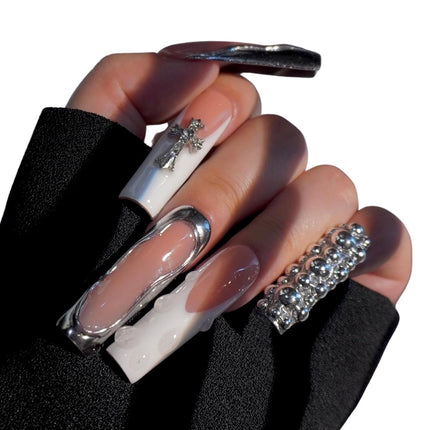 HAND-PAINTED White Press Ons Neon Small Press on Nails Long French Press on Nails Coffin Medium Short Nail art Fake Nail Art Kit with 7g Glue on Nails Handmade Almond Square Nails (TJ-11, Medium)