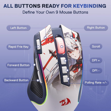 PRO RGB Anime Gaming Mouse, 8000 DPI Wired/Wireless Optical Mouse with 9 Programmable Buttons & 7 Backlit Modes, BT & 2.4G Wireless, Software Supports DIY Keybinds Rapid Fire Button