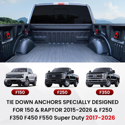 Tie Down Anchors Fit for Ford F150 & Raptor 2015-2026 & F250 F350 F450 F550 2017-2026, Truck Bed Tie Downs Car Accessories 4-Pack Replace# FL3Z-99000A64-B & FL3Z-9928408-AB Red