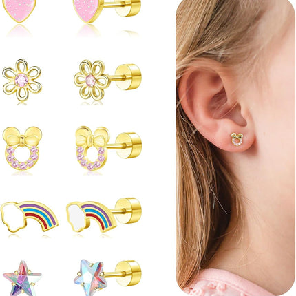 Hypoallergenic Earrings for Girls Toddler Kids, Cute Infant Baby Earrings Flatback Screw Back Earrings 14K Gold Plated Small Flower Pink Heart Star Mouse Rainbow Surgical Steel Stud Earrings Set