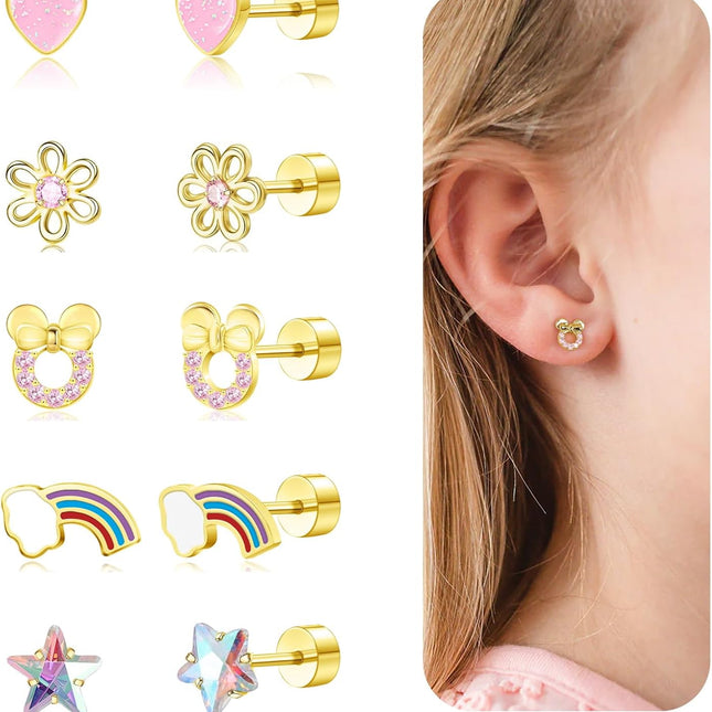 Hypoallergenic 14K Gold Plated Screw Back Stud Earrings Set for Girls, Toddlers and Kids - 5 Pairs