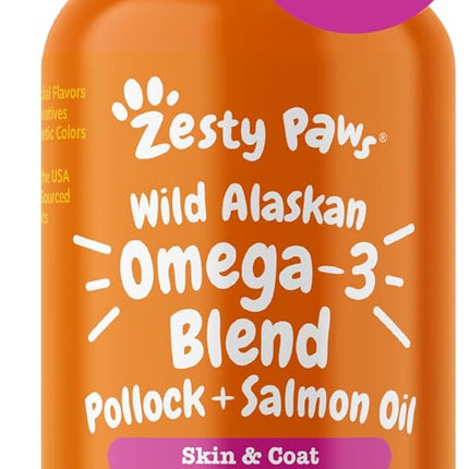 Zesty Paws Wild Alaskan Omega-3 Blend Pollock + Salmon Oil for Dogs and Cats- Skin and Coat Support, Omega 3 Supplement for Pets, 8.5oz