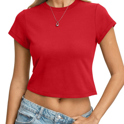 Womens Cotton T Shirts Short Sleeve Crop Tops Slim Fit Baby Tees