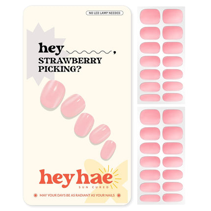 Heyhae Semi Cured Gel Nail Strips | No LED Lamp Needed | Solid, Pink, Spring | Easy Apply & Remove, Salon Quality | Includes 28 Strips, 1 Prep Pads, Nail File & Wooden stick - Hey, Strawberry Picking?