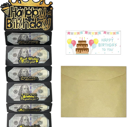 Happy Birthday Money Envelope for Cash,Birthday Card Money Holder with 6 Slots,Surprise Gift for Men Women Girls Boys,Money Gift Idea.(Black Gold)