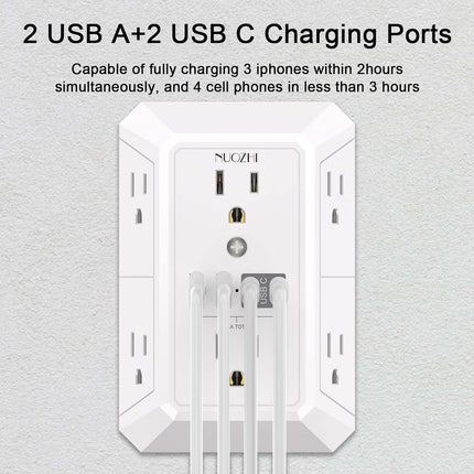 Outlet Extender Surge Protector - NUOZHI 6 Outlet Splitter with 4 USB Ports(2 USB-C), Multi Plug Wall Outlet 1680J Power Strip for Home Office Dorm Room Essentials, ETL, White