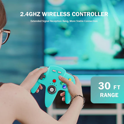 KIWITATA 2 Pack N64 Wireless Controller for Switch System, 2.4GHZ Rechargeable Wireless N64 Remote Joystick Game Controller for N64 Console, MAC, Raspberry Pi, Windows PC(7,8,10,11) Turquoise