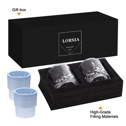 Vaso para whiskey rocks, set de 4 (2 vasos de cristal para bourbon, 2 moldes redondos para esferas de hielo grandes) en caja de regalo, vasos old fashioned de 10 Oz para scotch, cóctel, ron, coñac y vodka, regalos para hombre