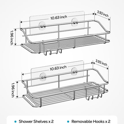 Adhesive Shower Caddy Shelves, No-Drill, Stainless Steel — 2 Pack